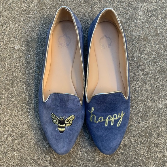 C. Wonder Shoes - C. Wonder Bee Happy Blue/Gold Suede Loafer Flats with Embroidered Bee 6.5